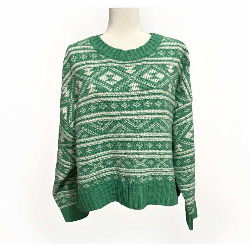American Eagle Green Fair Isle Sweater Crewneck Snowdrift Warm Cozy Large St Pat - Picture 5 of 15
